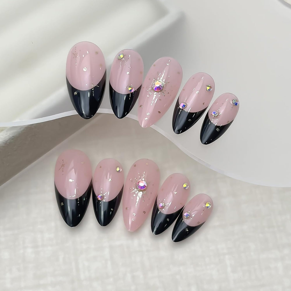 Uñas TBRZTR frances negro con cristales, brillo duradero y cómodo de usar.