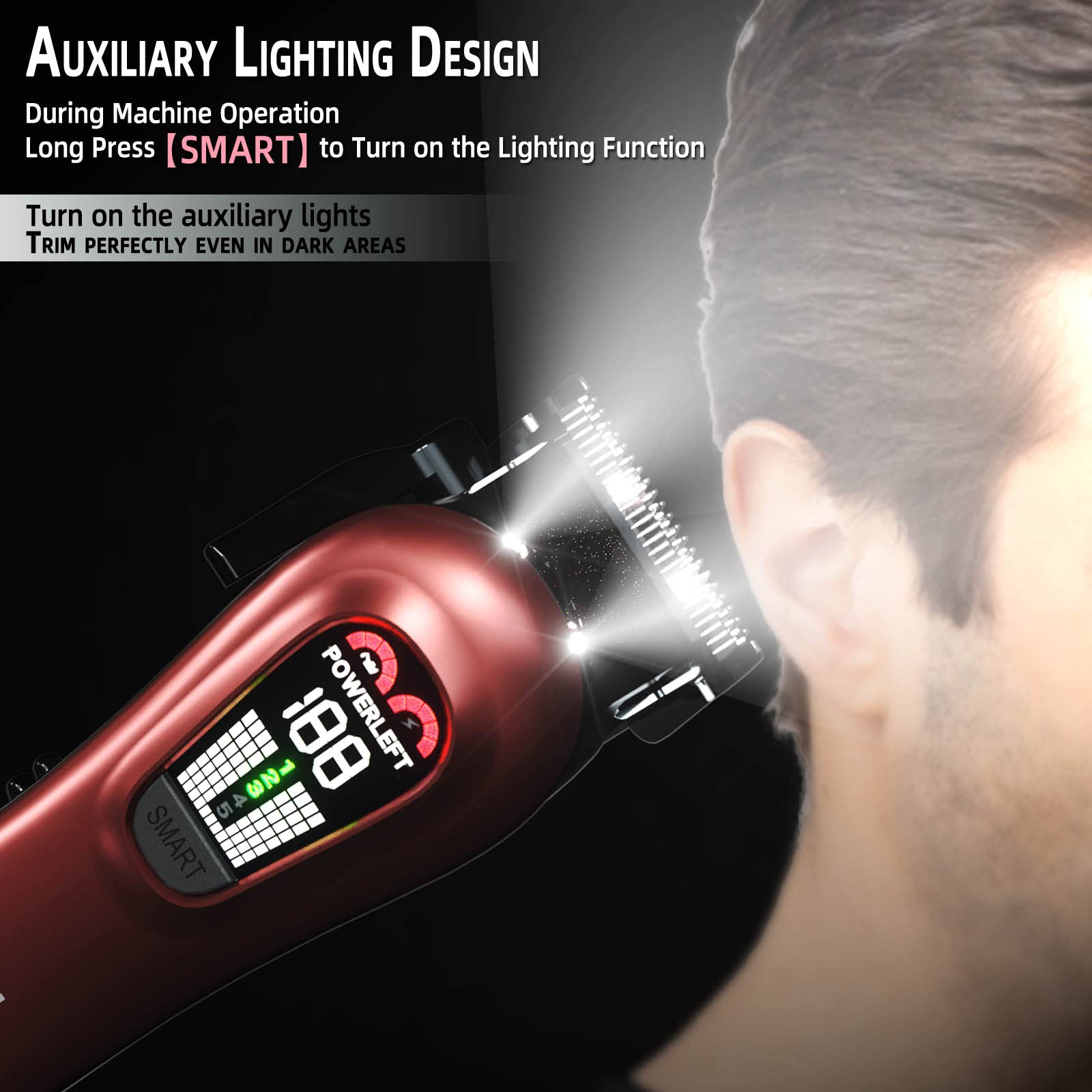 TCMKY Hair Clippers LED display showing power and maintenance cues