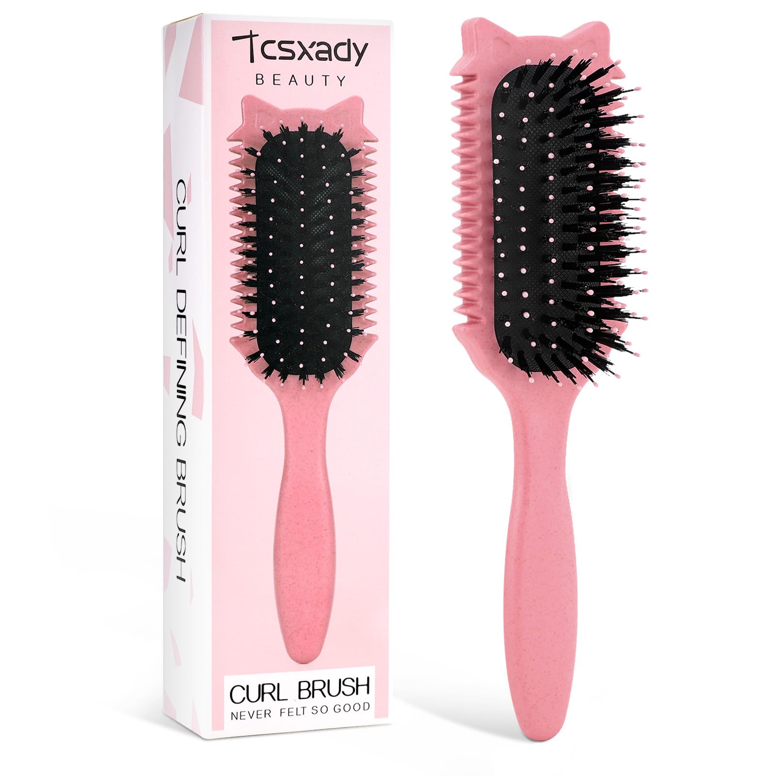 Tcsxady Curly Hair Brush with cat-ear pink front view for smooth detangling.