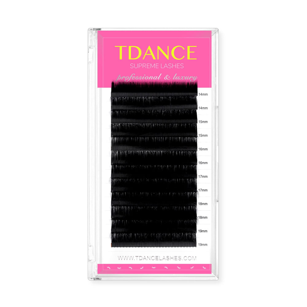 TDANCE Matte Black lash extension CC curl close-up showing premium silk lashes for soft fullness
