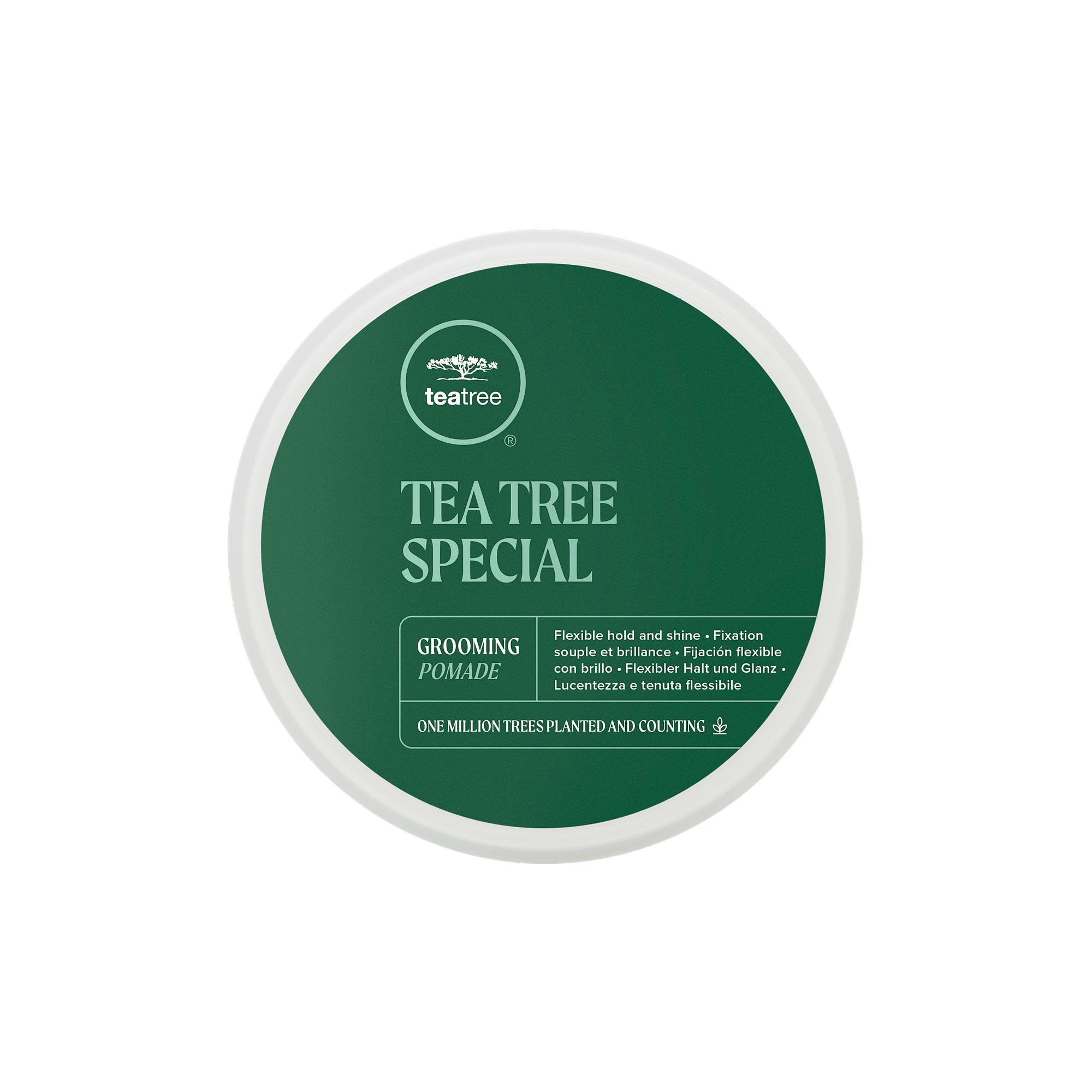 Tea Tree Grooming Pomade bottle close-up shows minty, refreshing finish