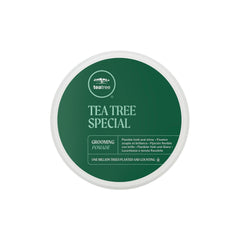 Tea Tree Grooming Pomade bottle close-up shows minty, refreshing finish