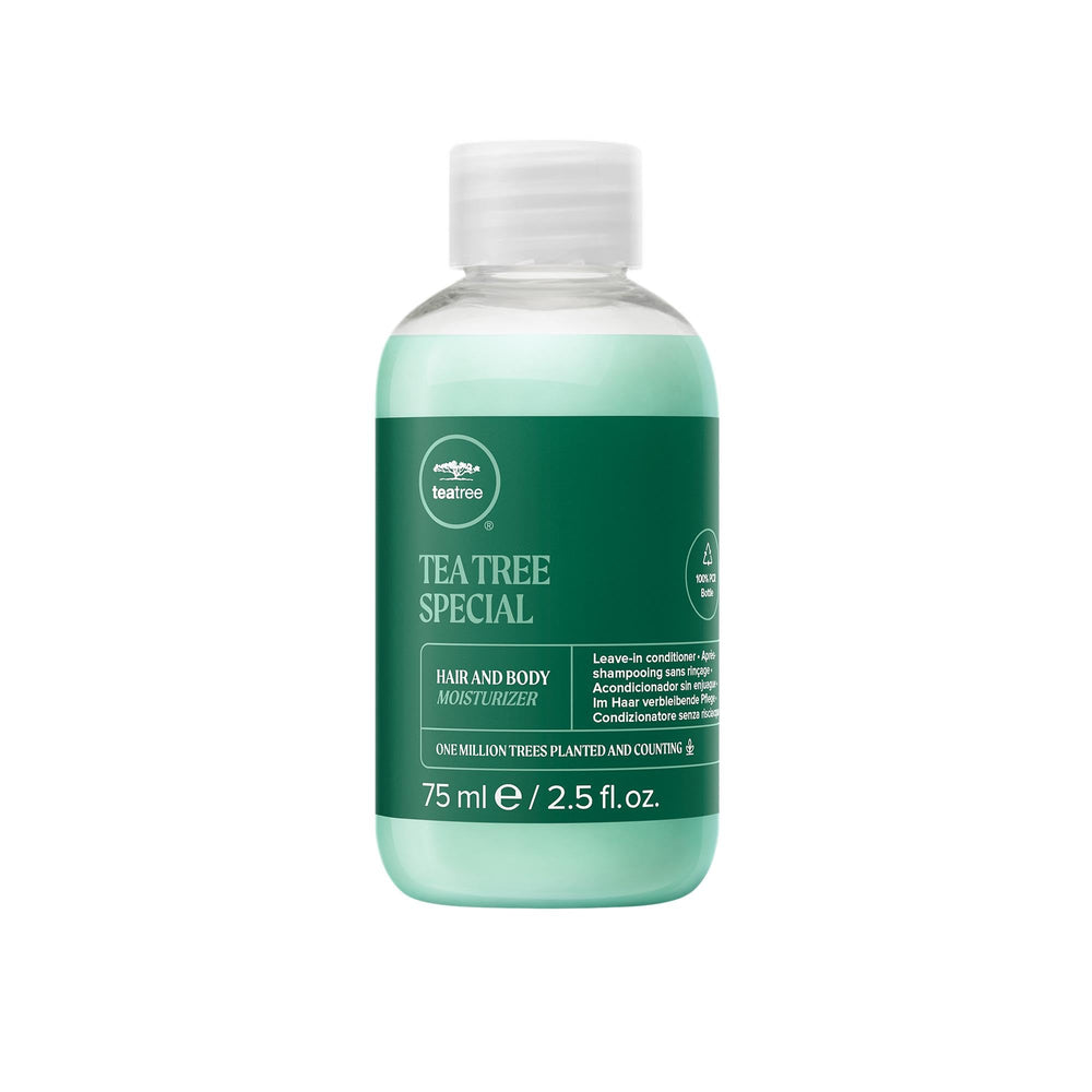 Tea Tree hidratante para cabello y piel, botella frontal suave y refrescante.