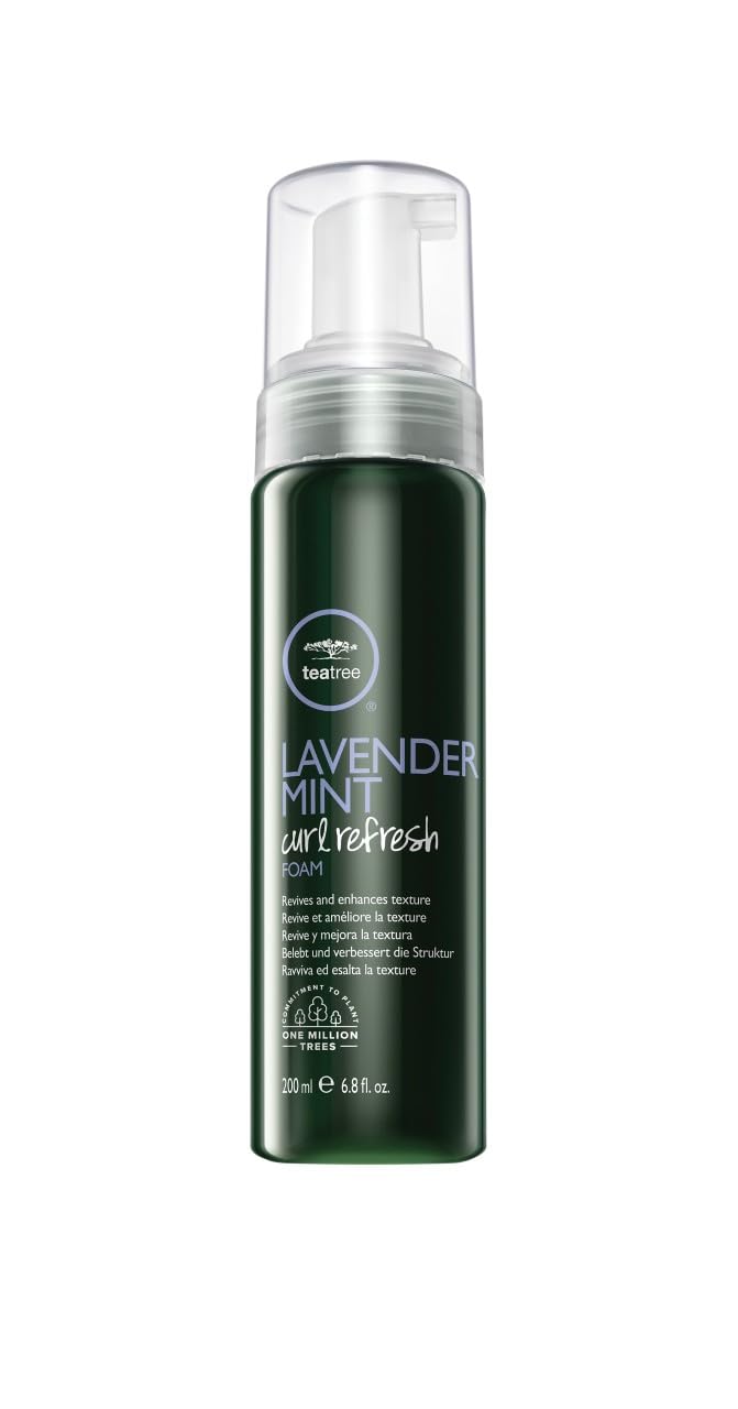 Tea Tree Lavender Mint Curl Refresh Foam bottle with calming lavender aroma for second-day curls.