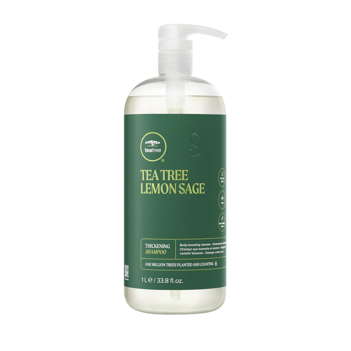 Tea Tree Lemon Sage Thickening Shampoo bottle promotes voluminous, fine hair.