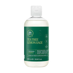 Tea Tree Lemon Sage Thickening Shampoo bottle boosts volume and freshness.