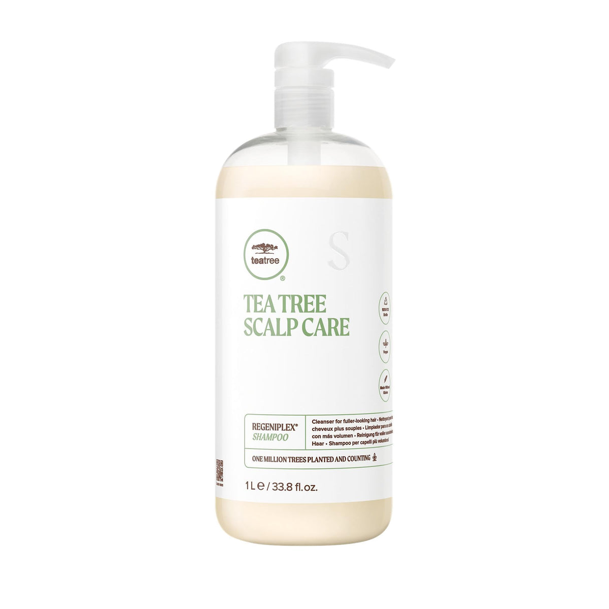 Tea Tree Scalp Care Regeniplex Shampoo bottle showing cleansing action for thinning hair