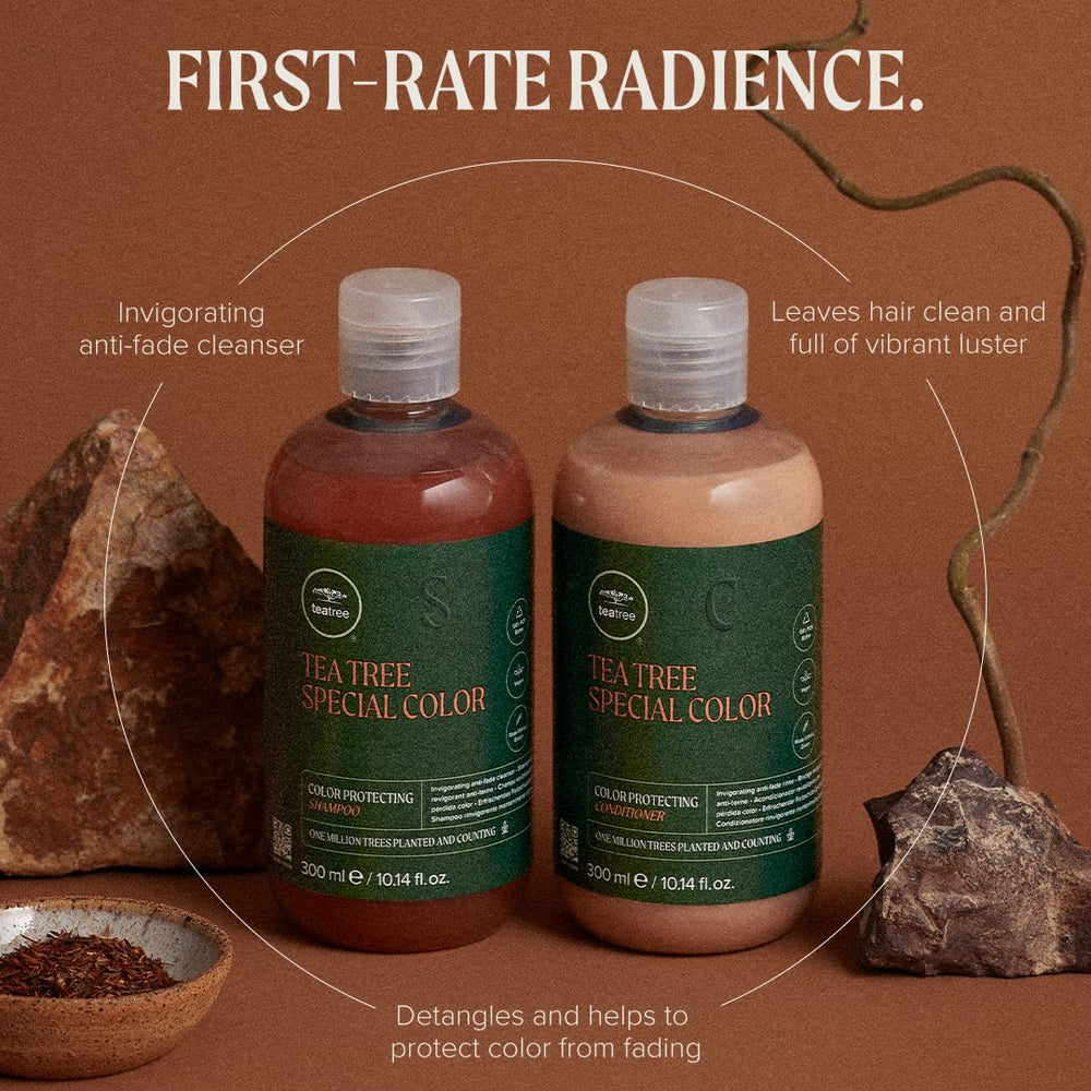 Tea Tree Special Color Shampoo demonstrates color protection against fading.