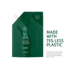 Tea Tree Special Conditioner label detail emphasizes ingredients and all-hair-types suitability.