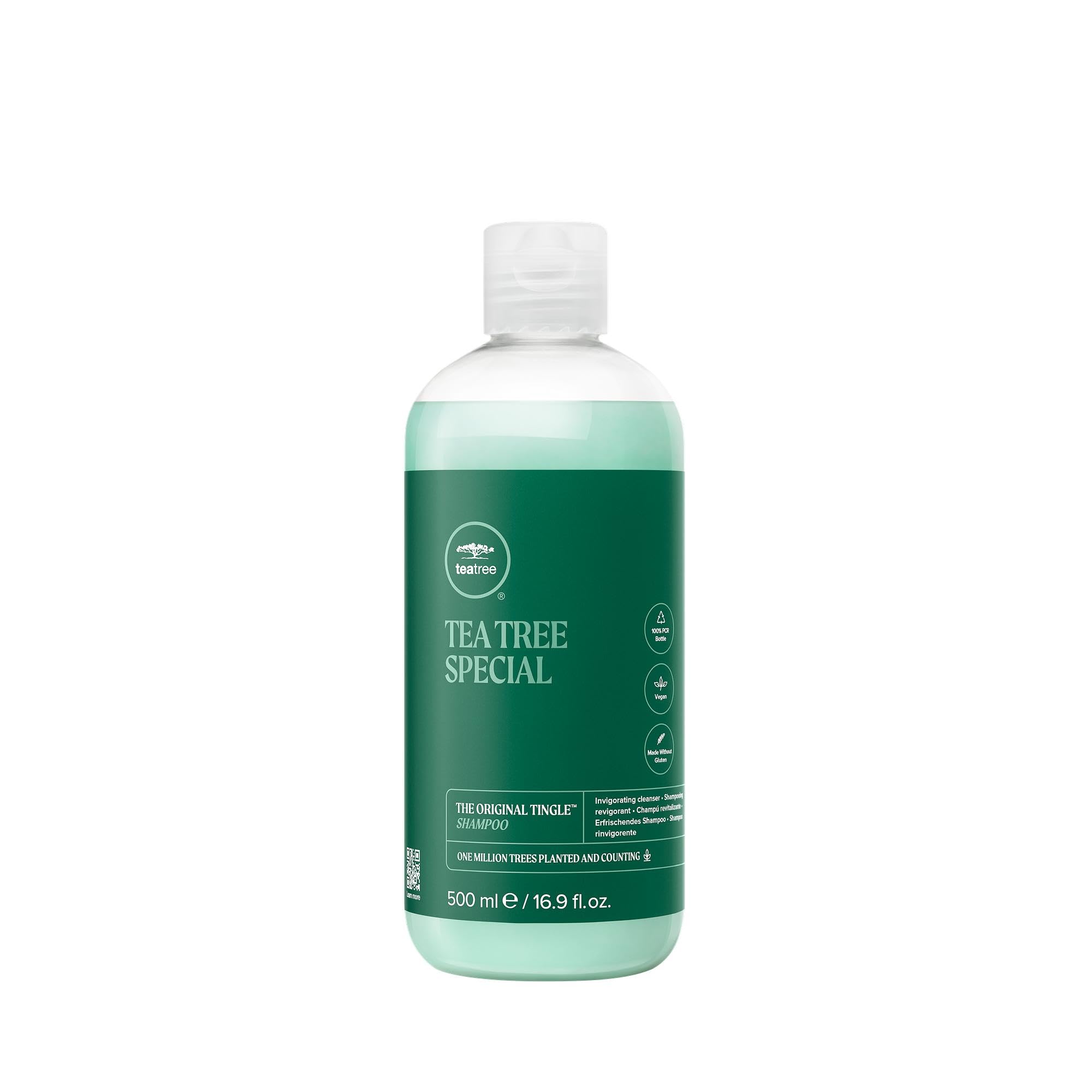 Tea Tree Special Shampoo bottle tingling for a refreshing scalp sensation.
