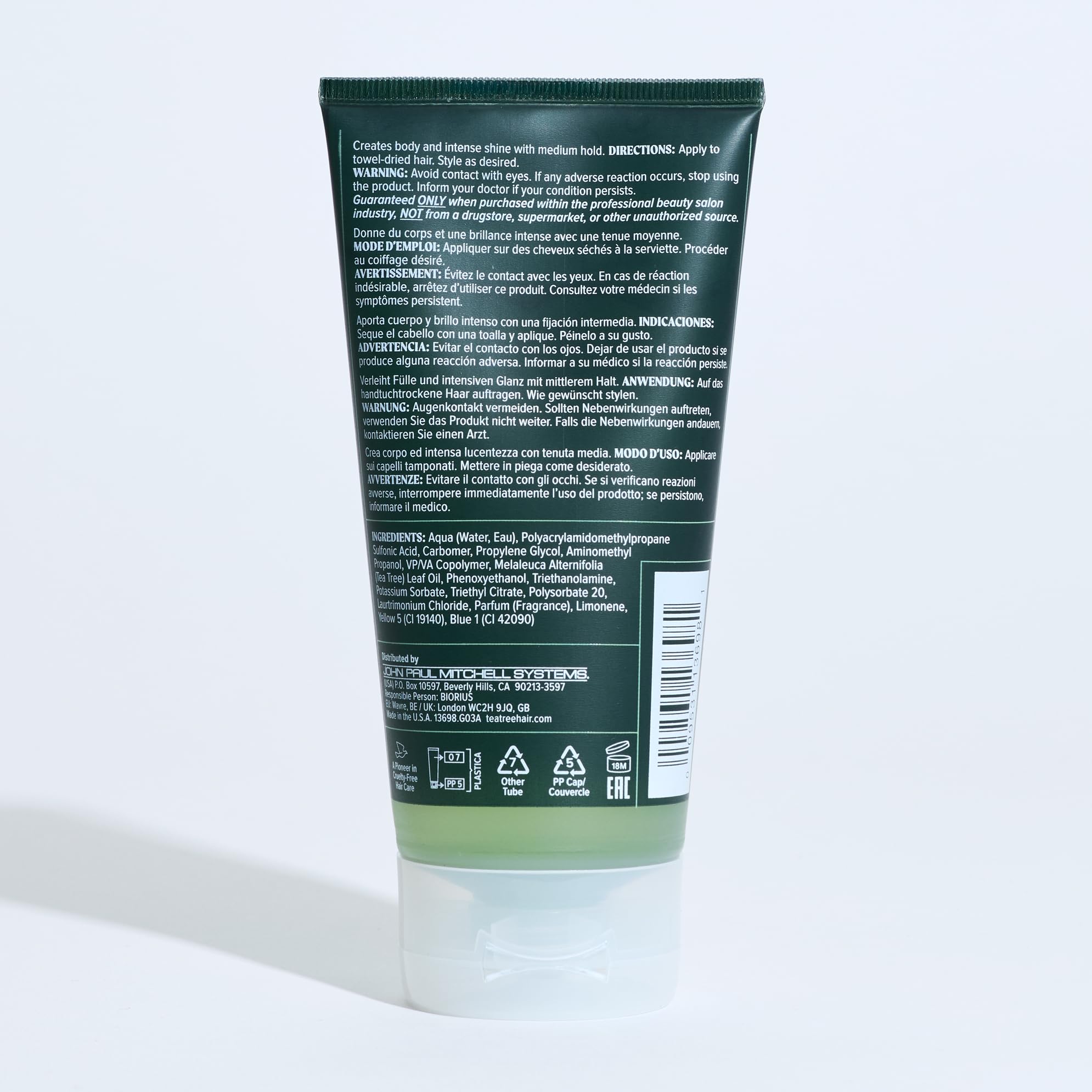 Tea Tree Styling Gel envase de 5.1 onzas para uso prolongado.