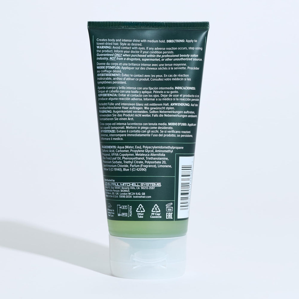 Tea Tree Styling Gel envase de 5.1 onzas para uso prolongado.