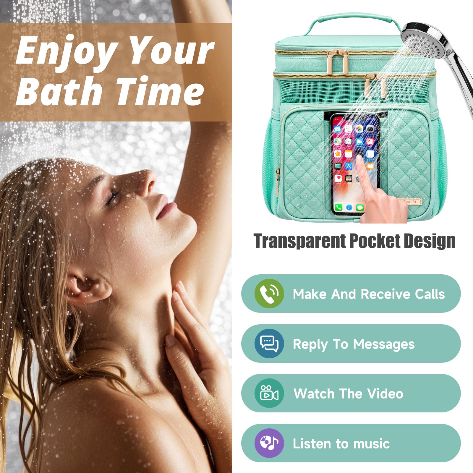 Tealari shower bag with three compartments for easy cosmetics organization.