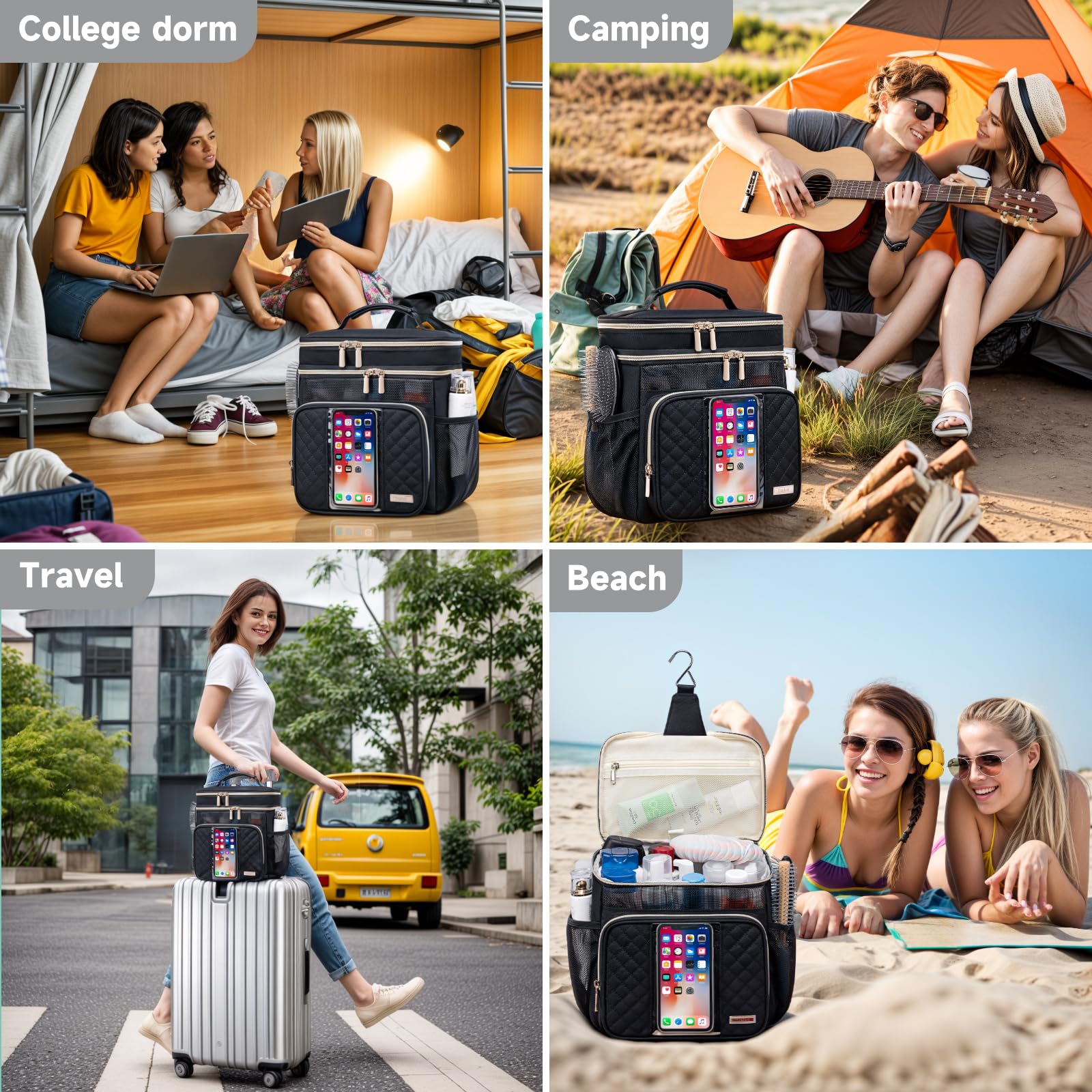 Tealari dorm-travel bag shown in college and travel scenarios.
