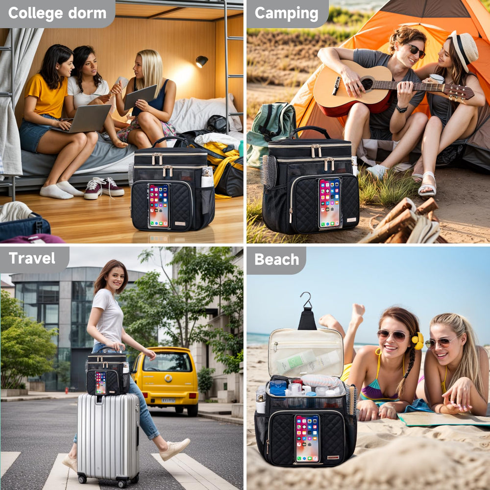 Tealari dorm-travel bag shown in college and travel scenarios.