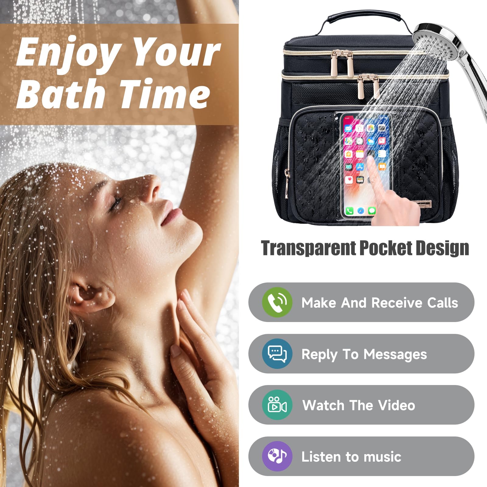Tealari bag featuring a hanging hook for bathroom or dorm storage.