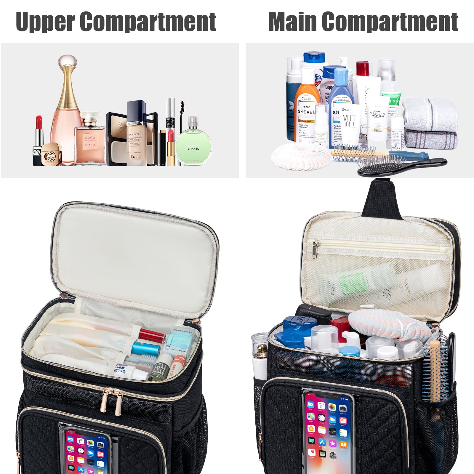 Tealari large-opening toiletry bag for easy access to full-size items.