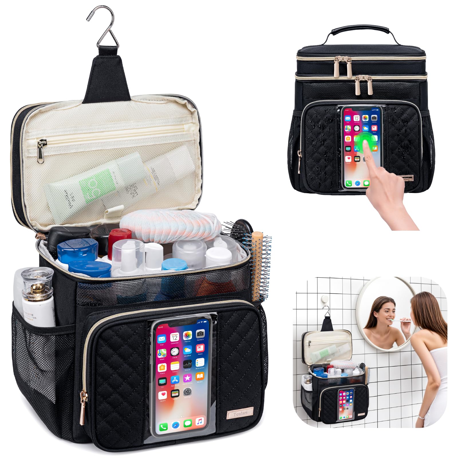 Tealari toiletry bag with waterproof phone pocket for on-the-go use.