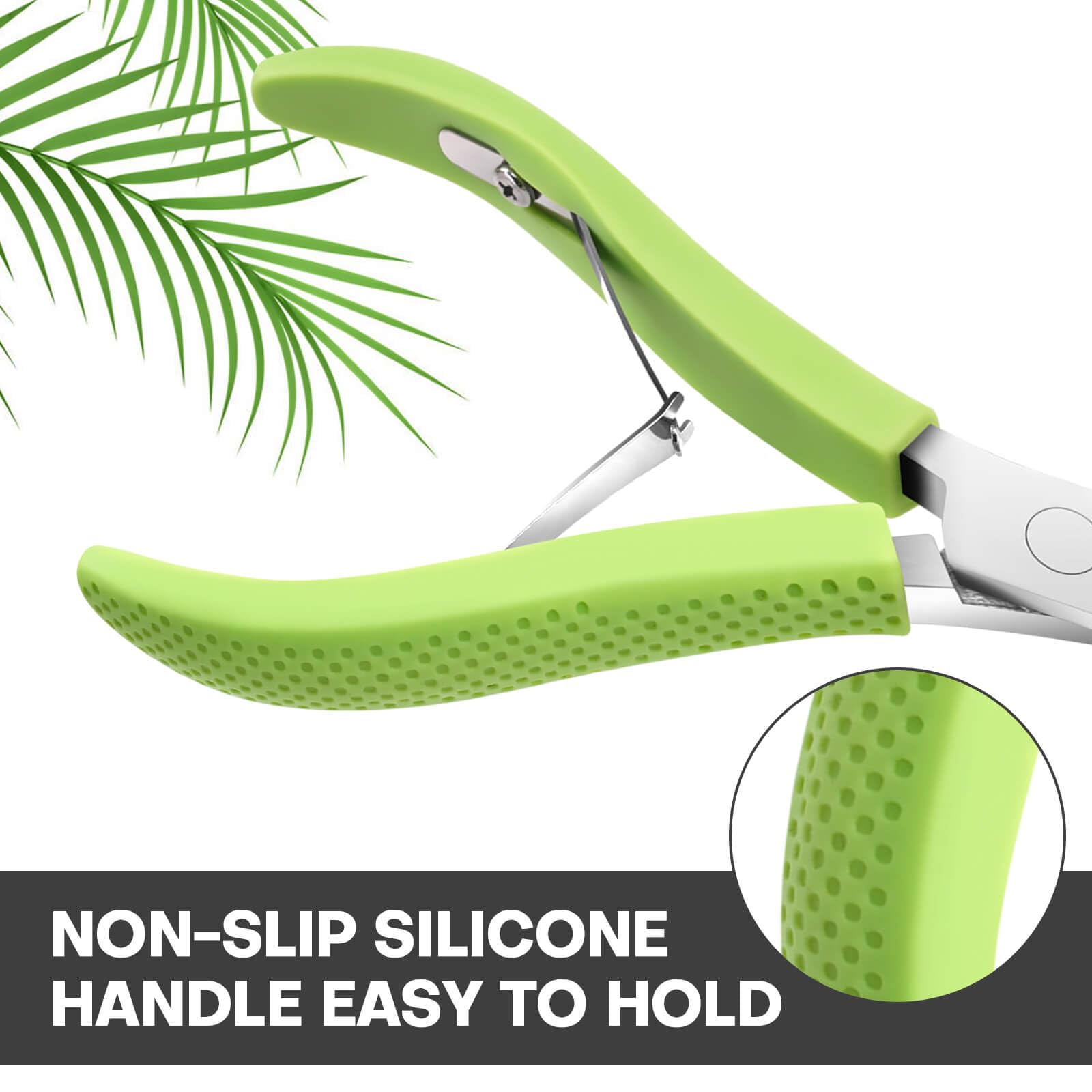 TEAORB cuticle trimmer with sharp curved blade in close up.