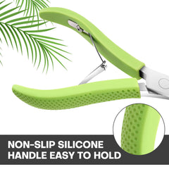 TEAORB cuticle trimmer with sharp curved blade in close up.