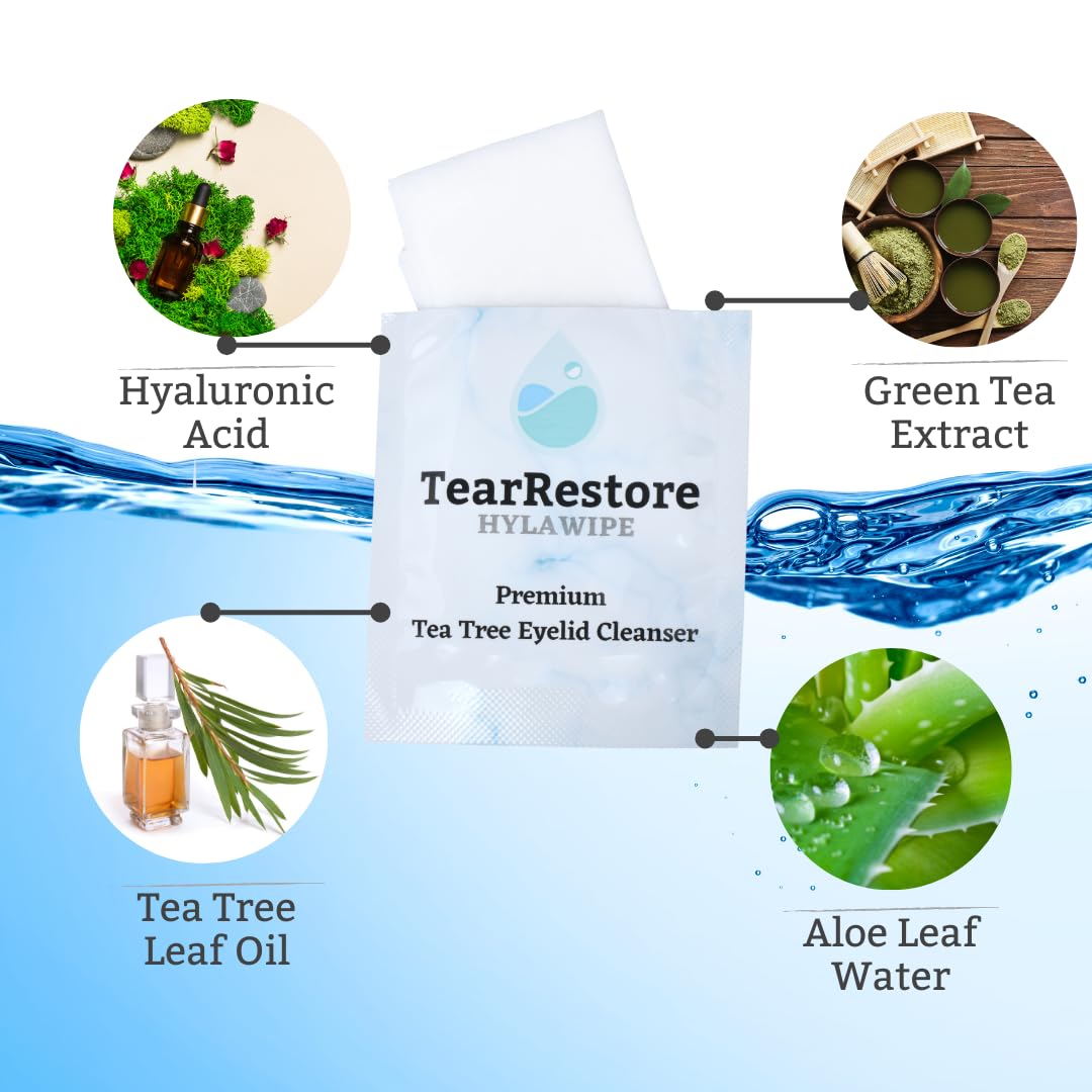 TearRestore Árbol de Té HylaWipe: ingredientes aloe, manzanilla y té verde para ojos sensibles.