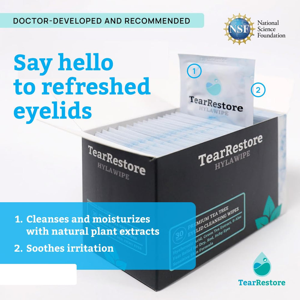 TearRestore Árbol de Té HylaWipe: toallitas de textura suave para higiene de párpados.
