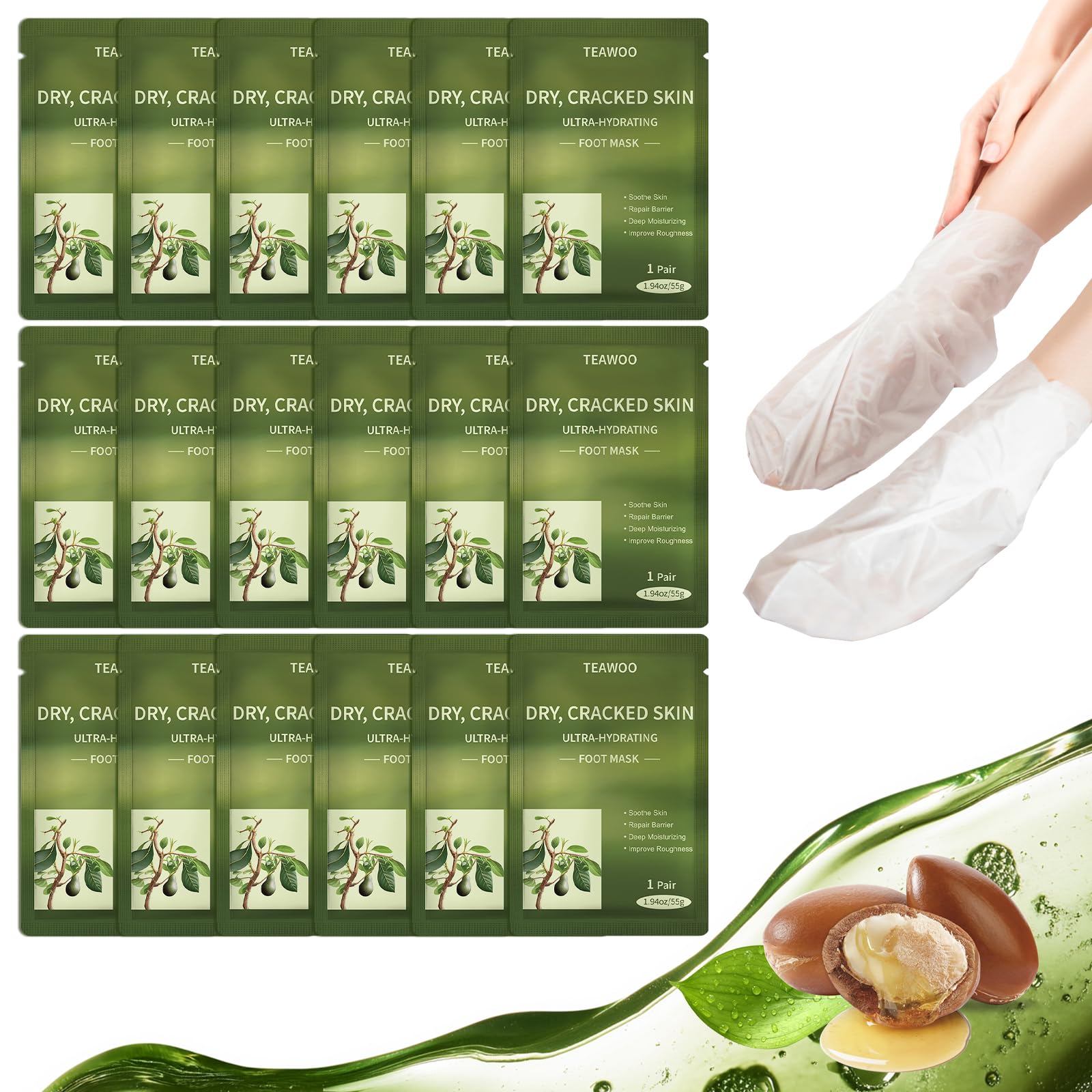 TEAWOO foot masks packaging showcases a bundle for convenient at-home hydration.