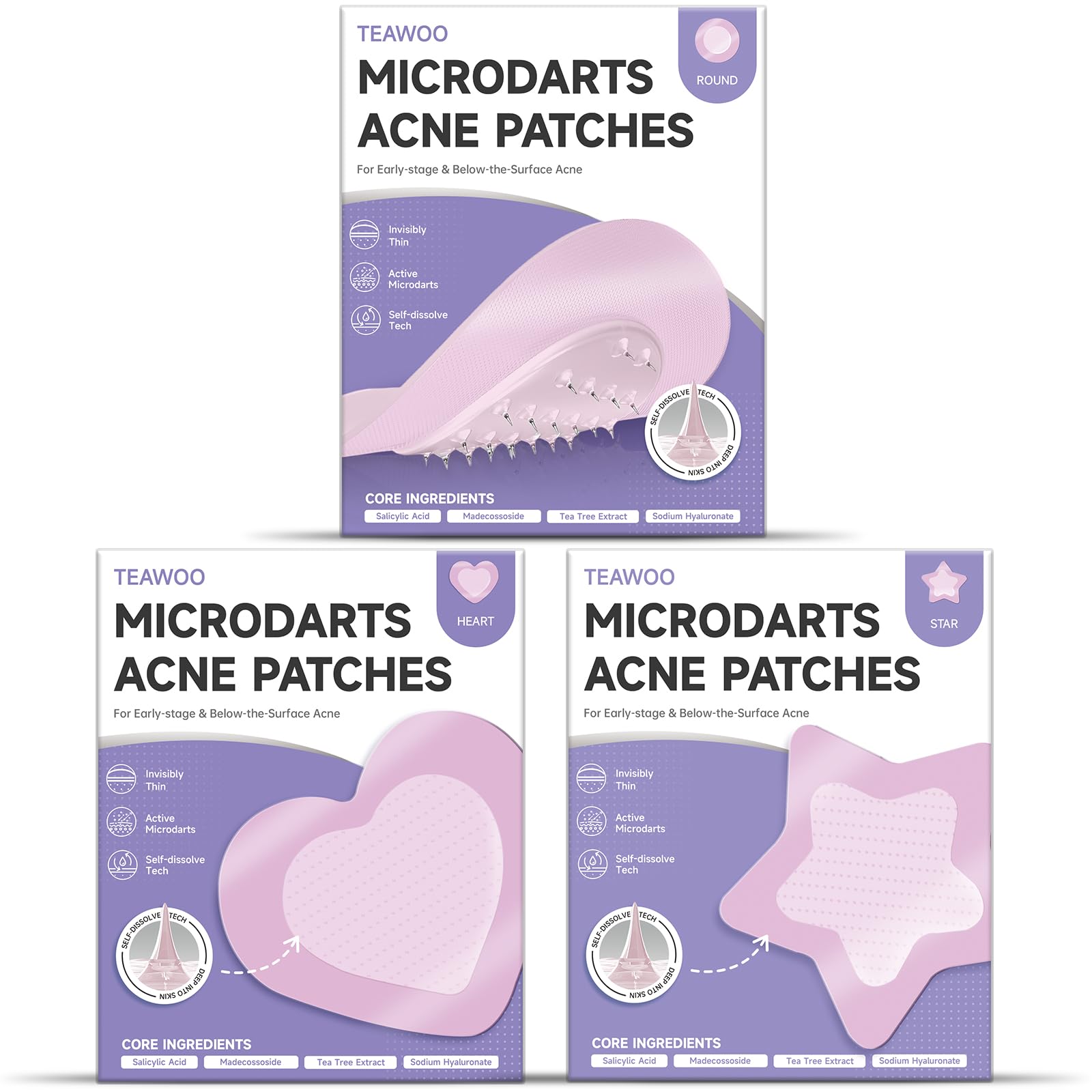 Parche TEAWOO microdart para acné en formato rosado, absorbe impurezas durante la noche