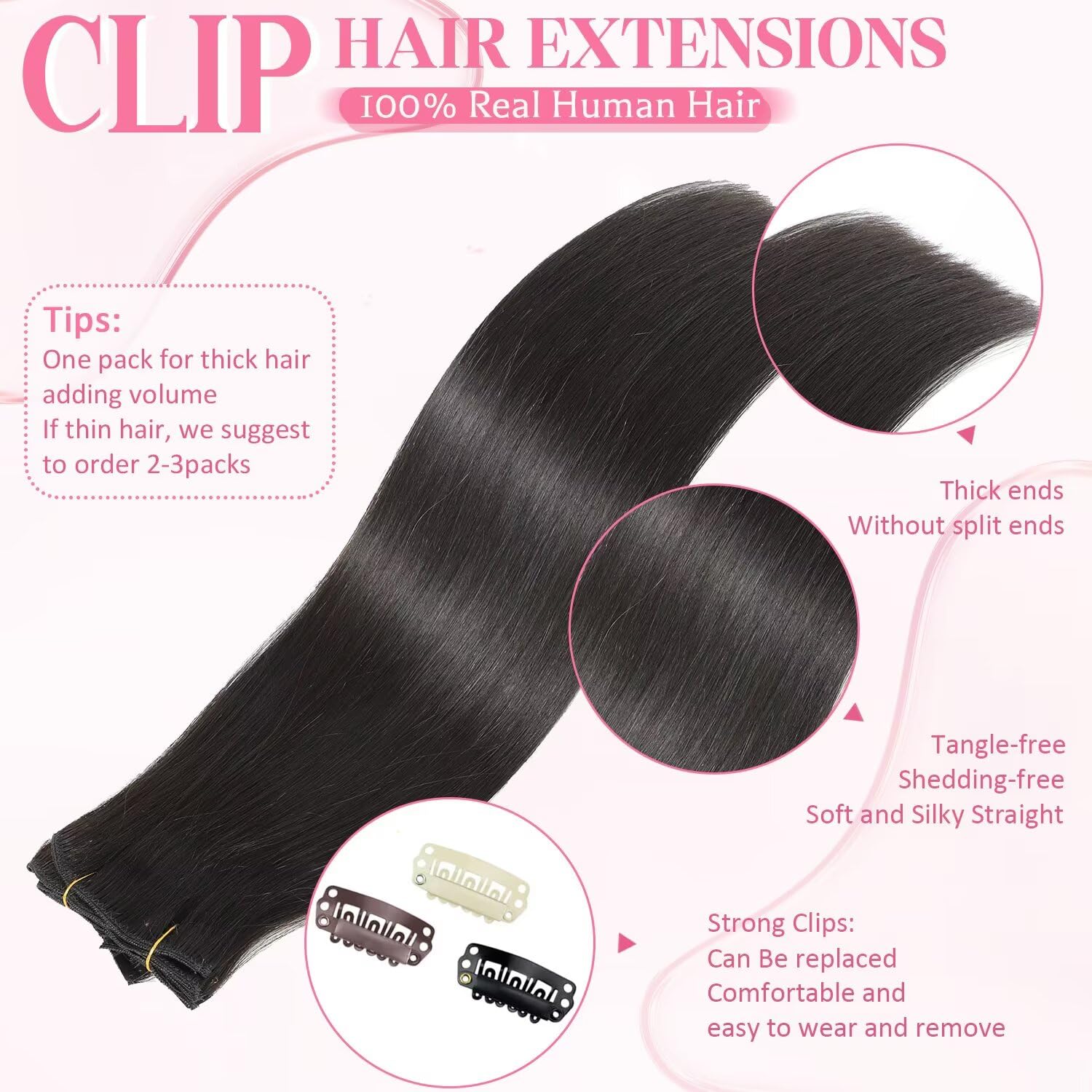 Tebelove 16-inch natural black 1B clip-in for seamless color match