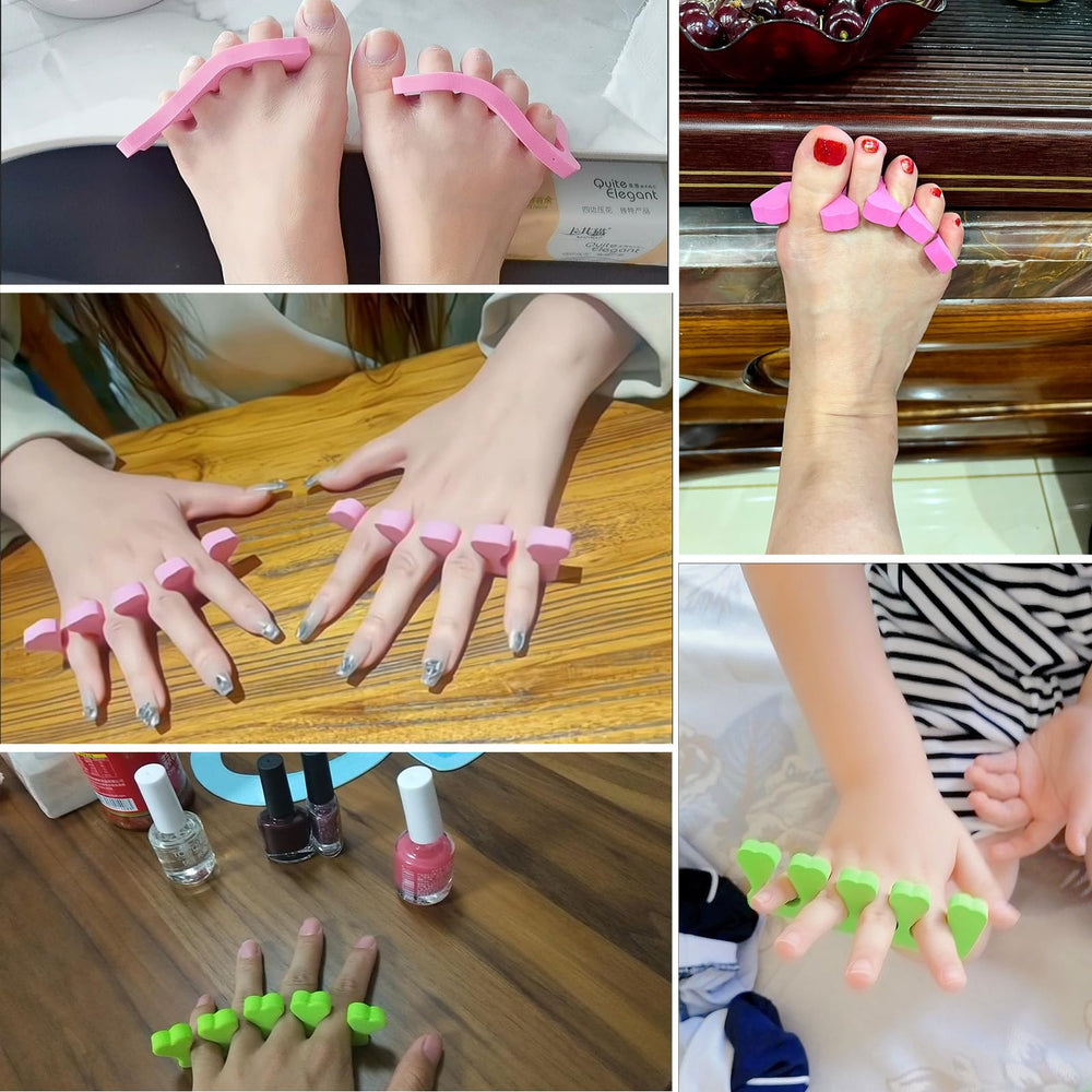 Colorful Tecbeauty toe separators arranged for convenient home spa and party use.