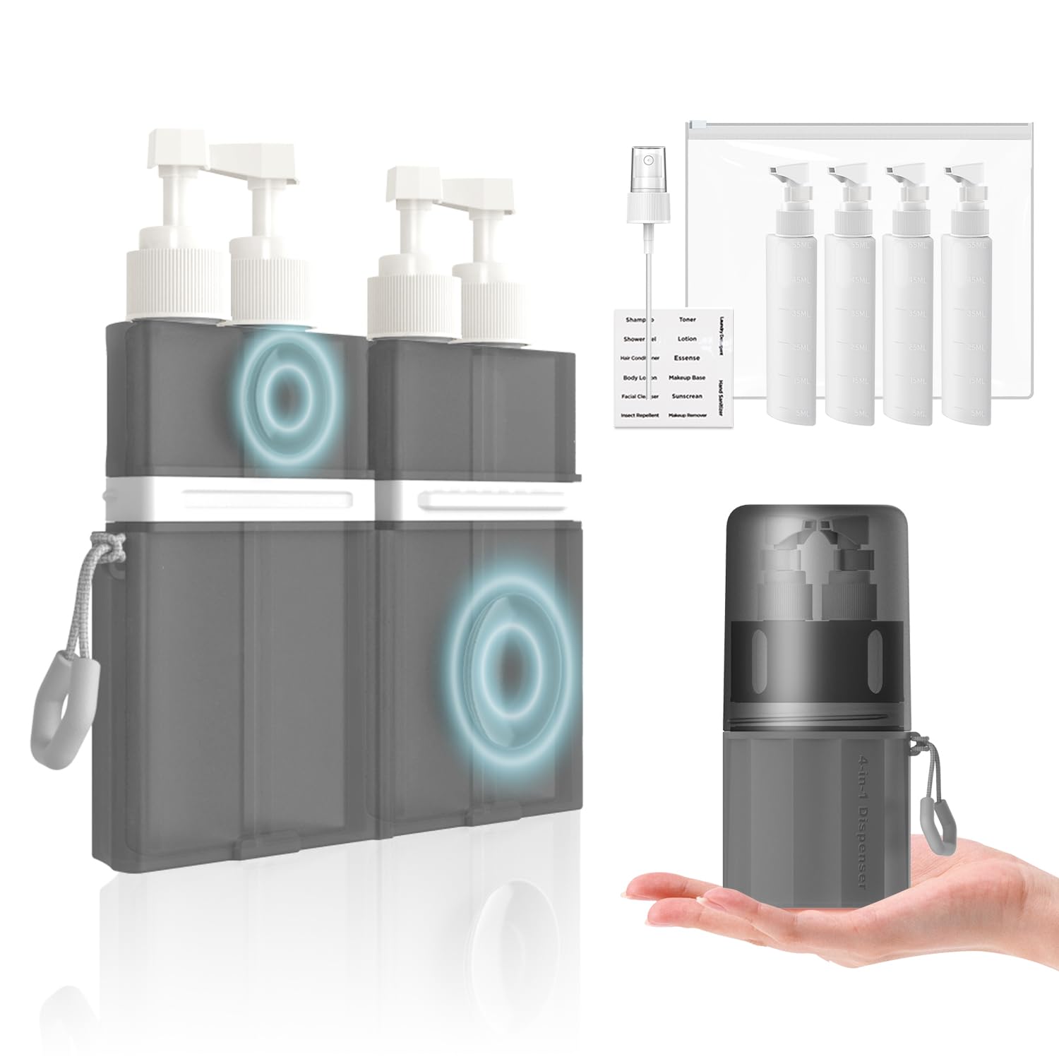 TechoEcho 4-in-1 travel toiletries bottles show compact kit for easy packing.