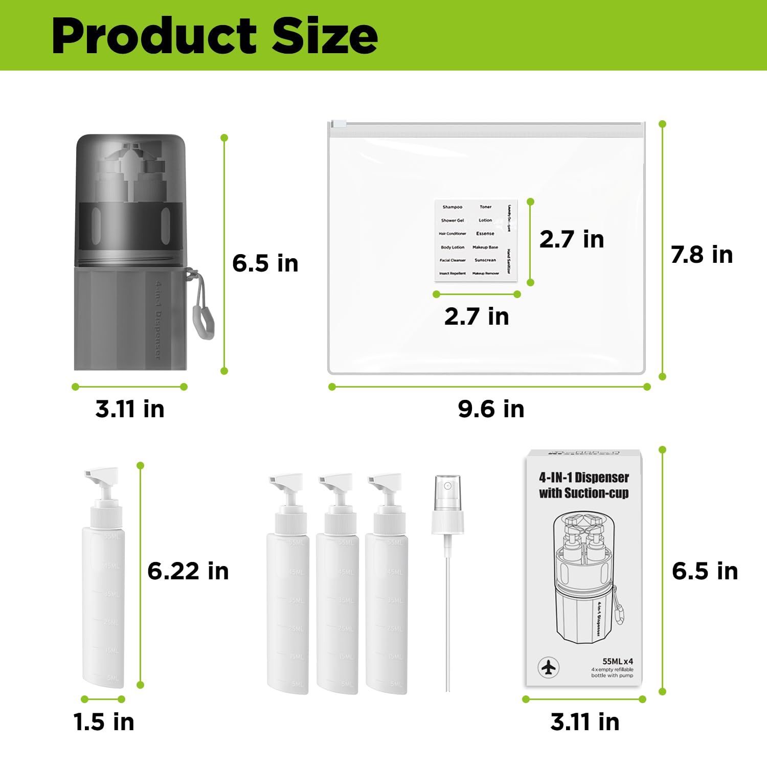 TechoEcho includes 4x2oz bottles and accessories for versatile packing.