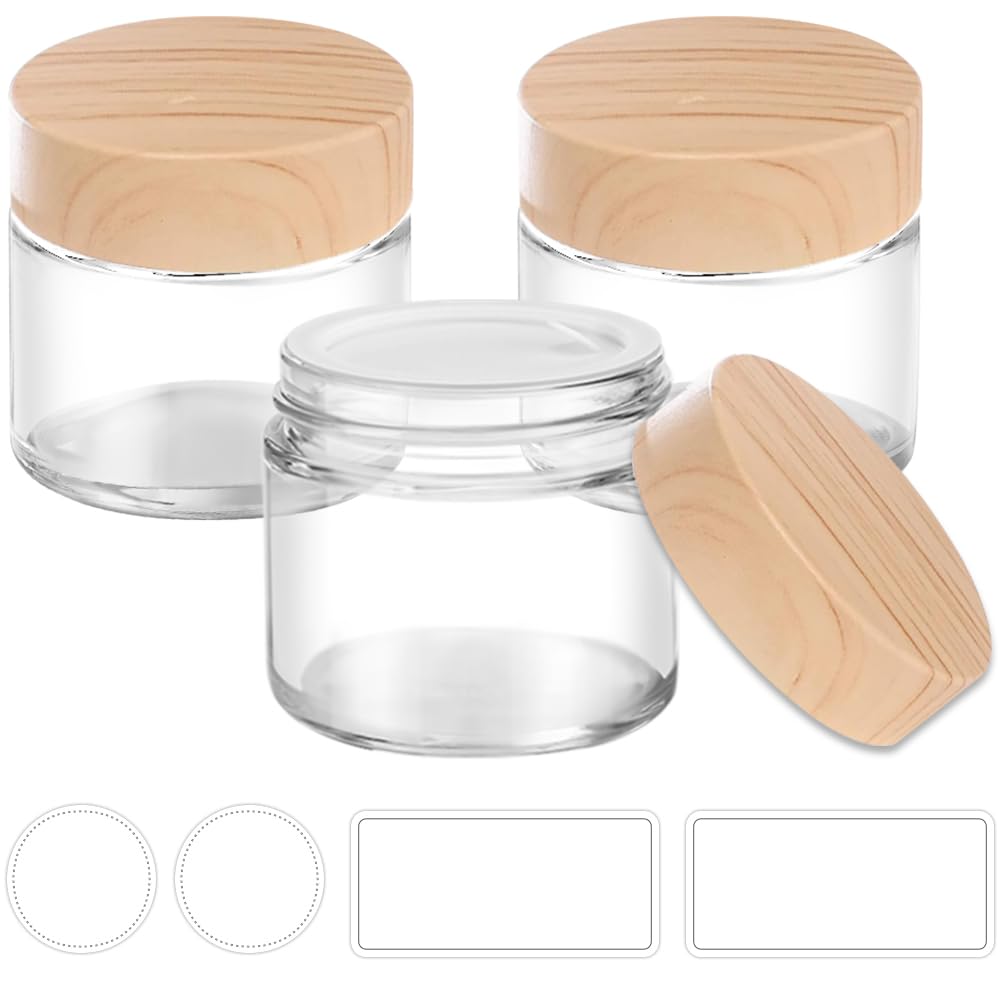 Tecohouse 2oz glass jar with woodgrain lid, ideal for travel-size creams.