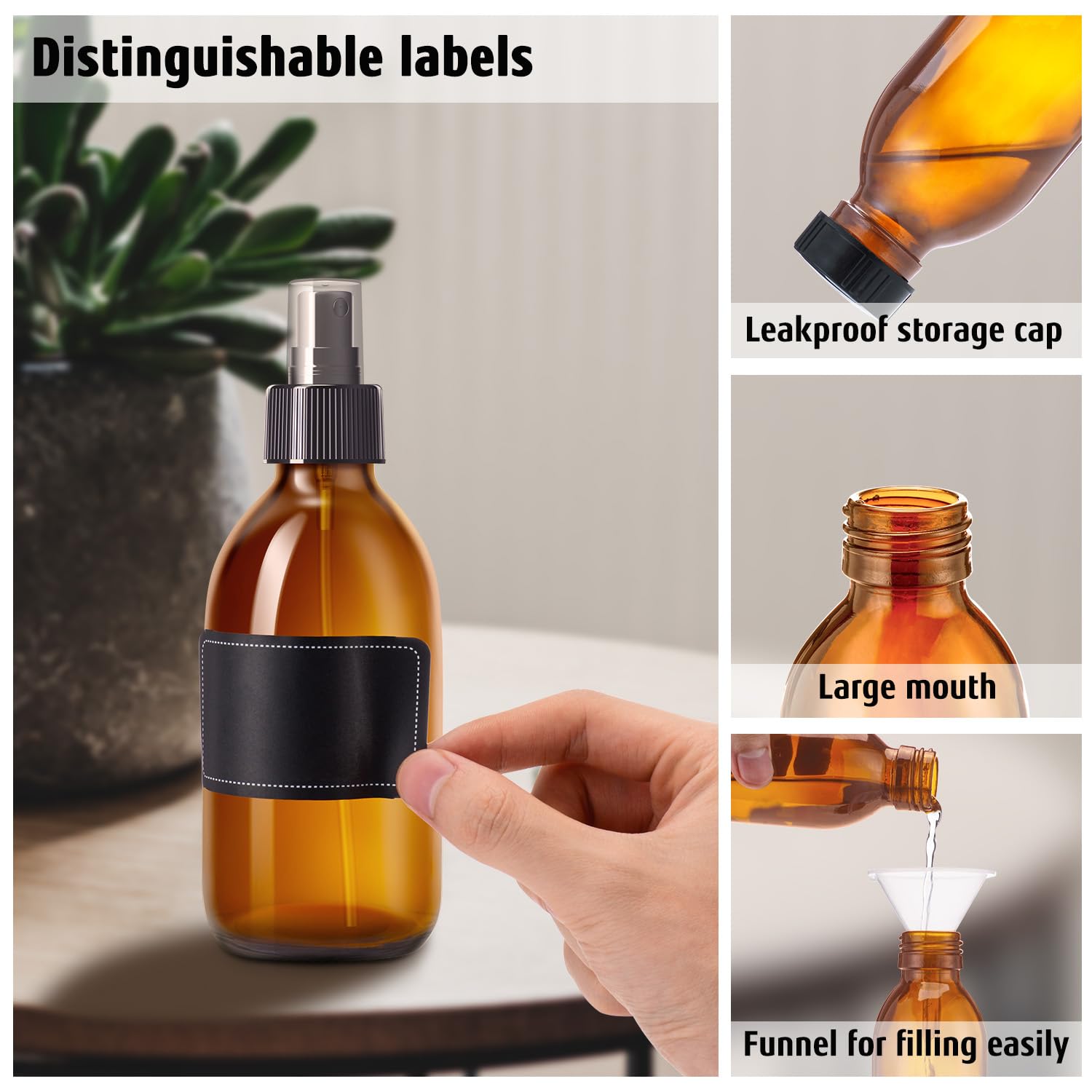Tecohouse amber bottle with reusable labels for quick recognition.
