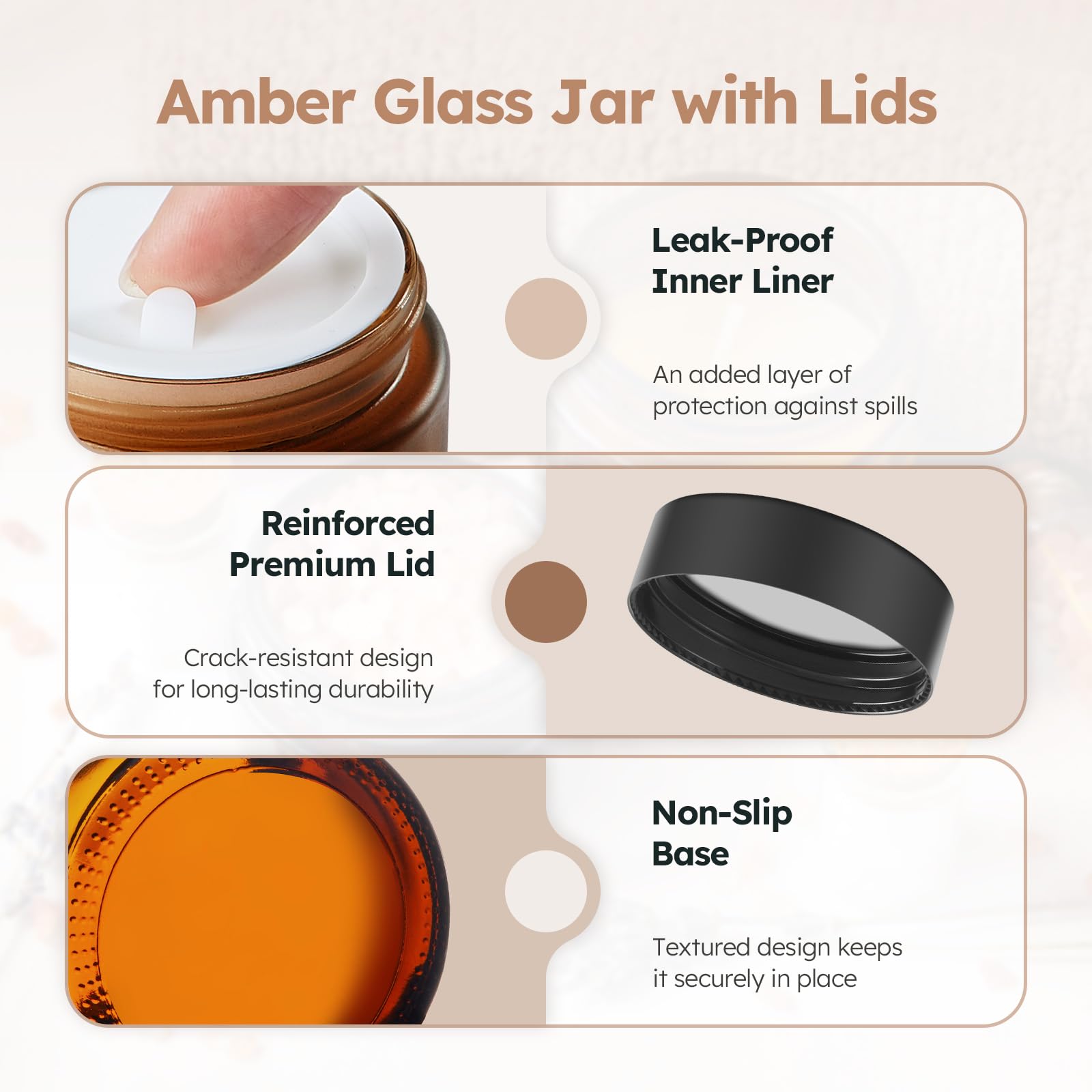 Tecohouse amber glass jar inner liner close-up demonstrates airtight sealing for contents