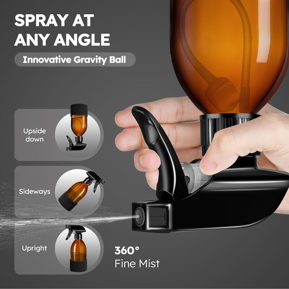 Tecohouse amber glass spray bottle with 3 way nozzle for mist or stream usage.