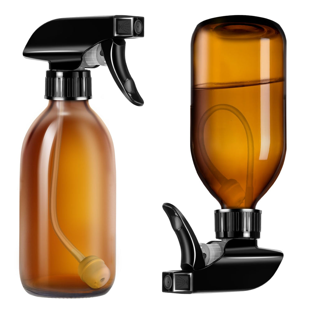 Tecohouse amber glass spray bottle front view showing 8oz capacity and sleek design