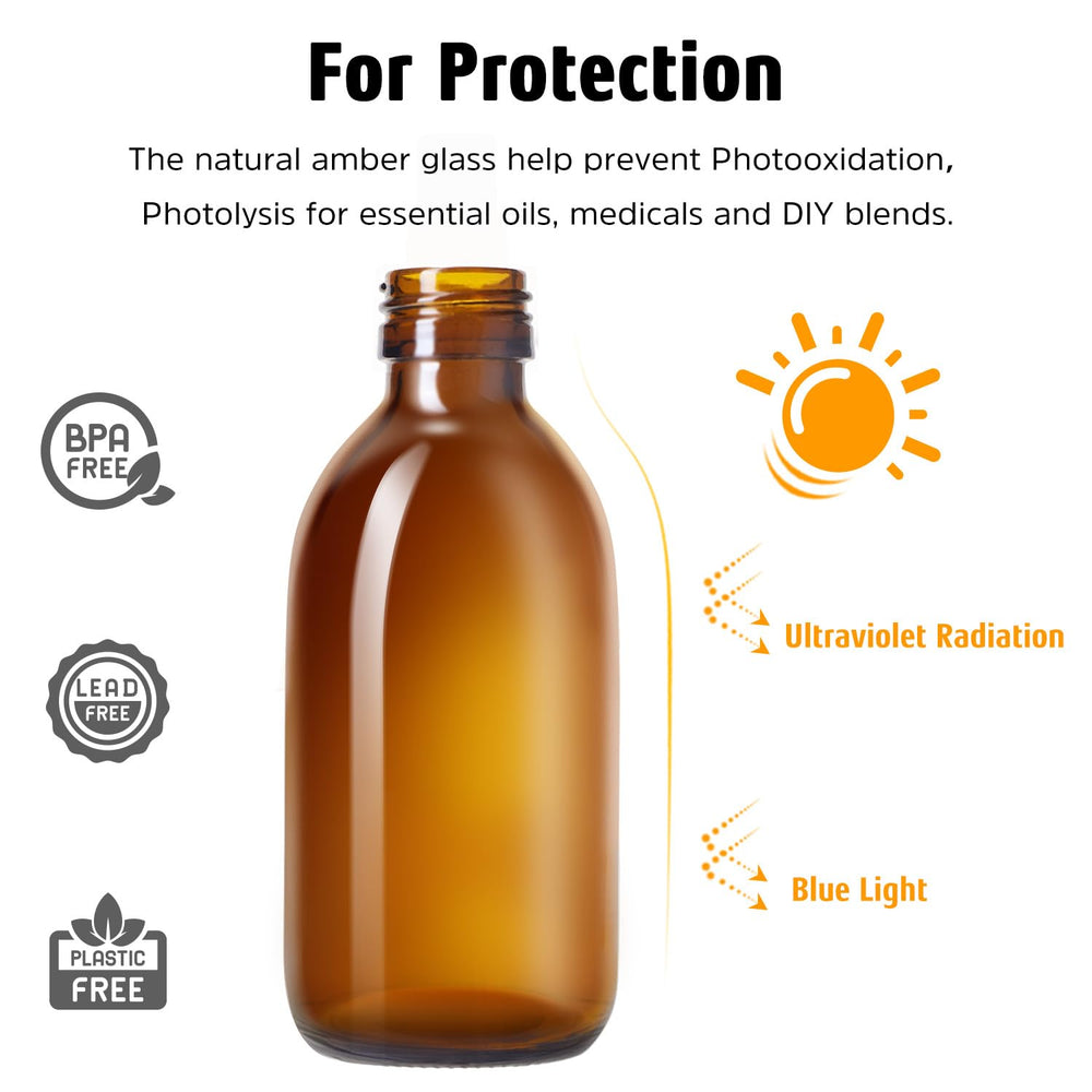Tecohouse amber glass bottle shown for essential oil dilution and misting.