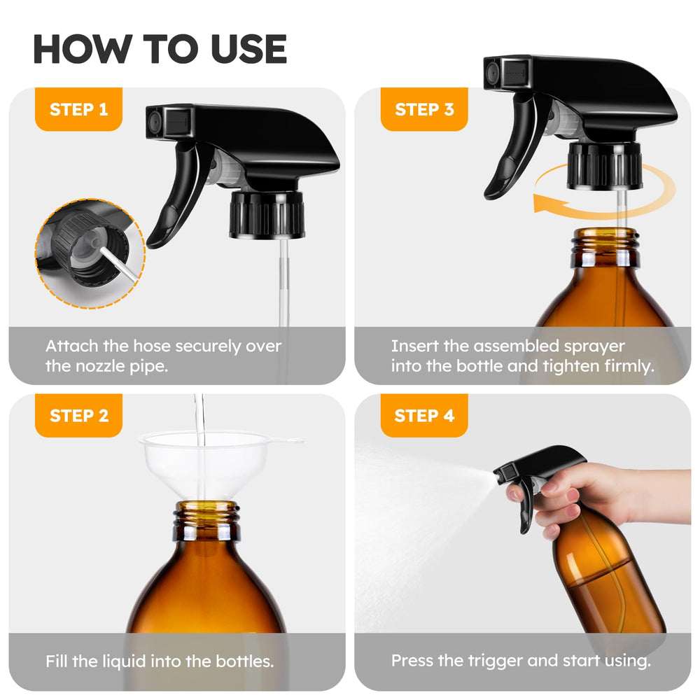 Tecohouse amber spray bottle used for multiple liquids and applications.
