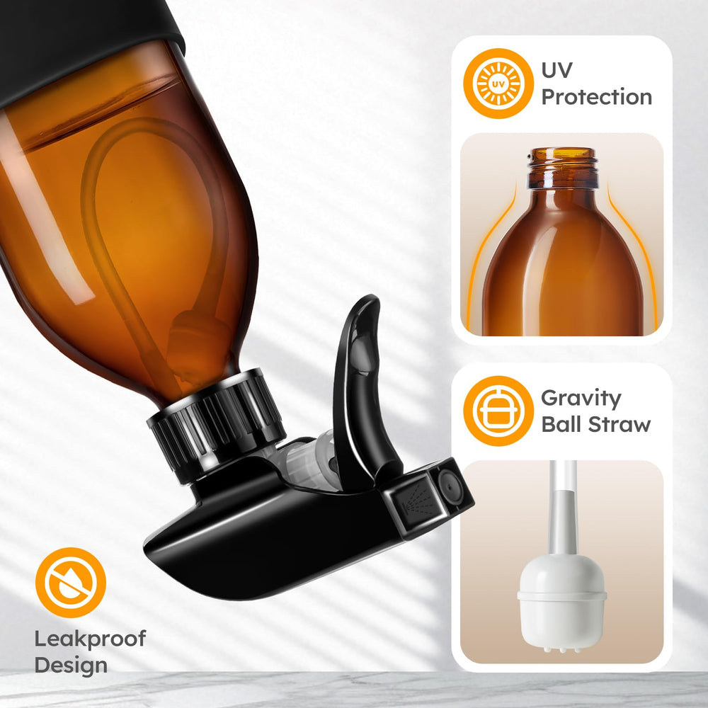 Tecohouse dark amber glass bottle with leak proof cap for mess free use.