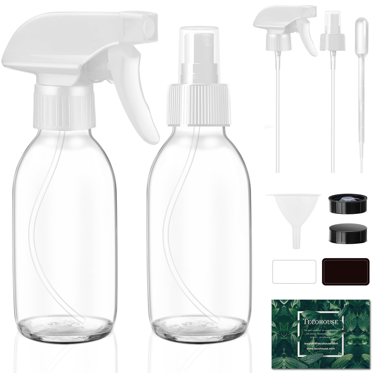 Tecohouse glass spray bottle 4oz clear for essential oils, reusable and leak-free.