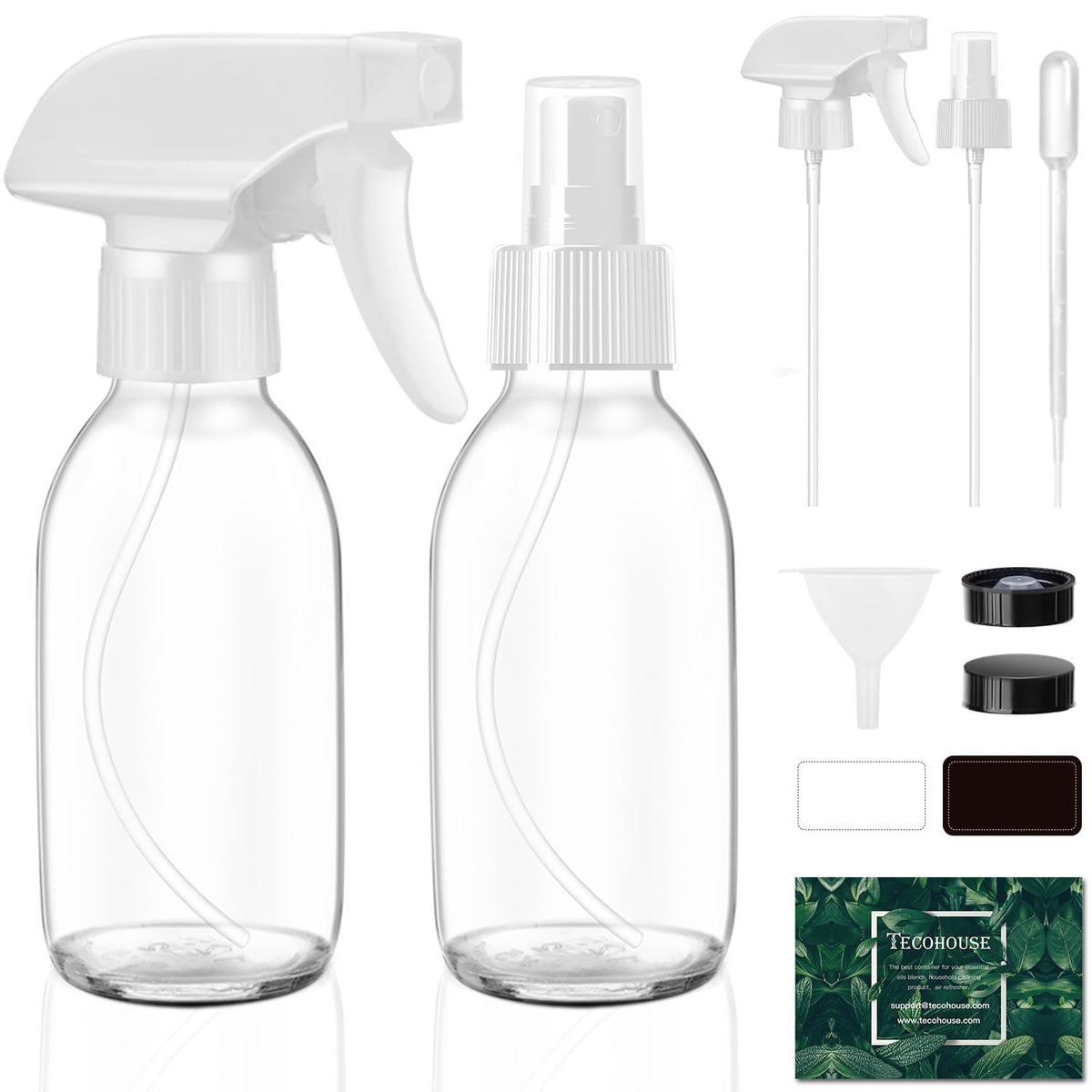 Tecohouse glass spray bottle 4oz clear for essential oils, reusable and leak-free.