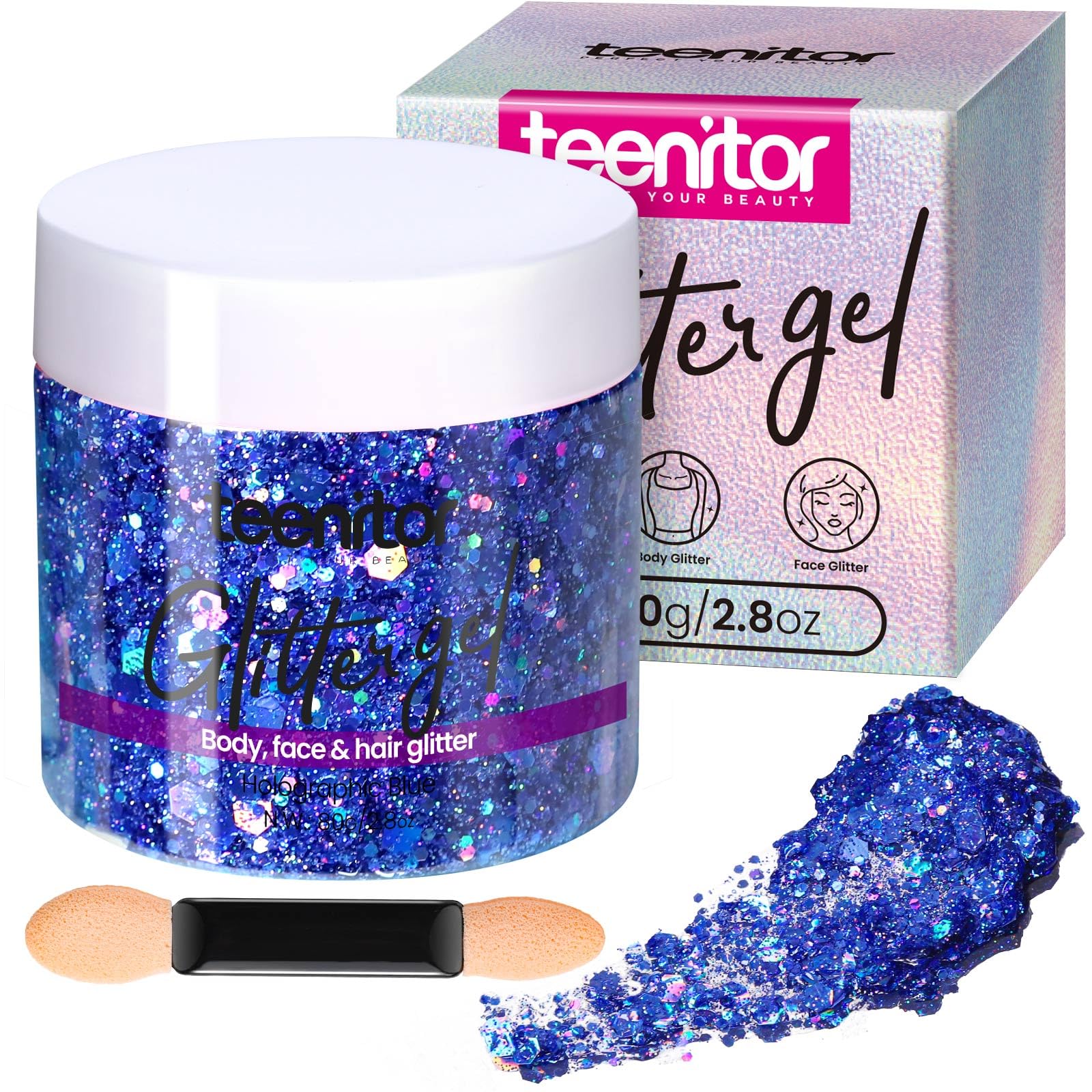 Teenitor blue body glitter jar showcasing generous 80g shimmer for on-the-go glam.