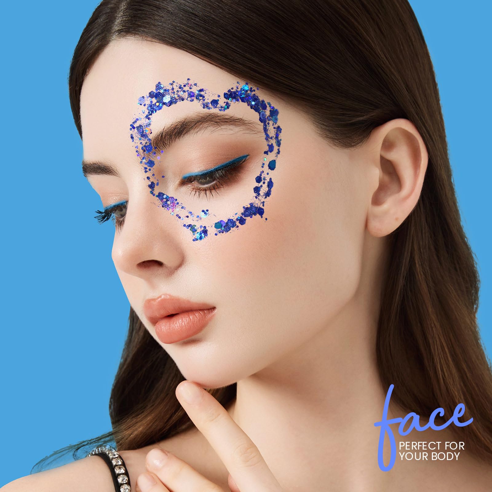 Teenitor blue glitter eye accents enhance dramatic eye looks safely.