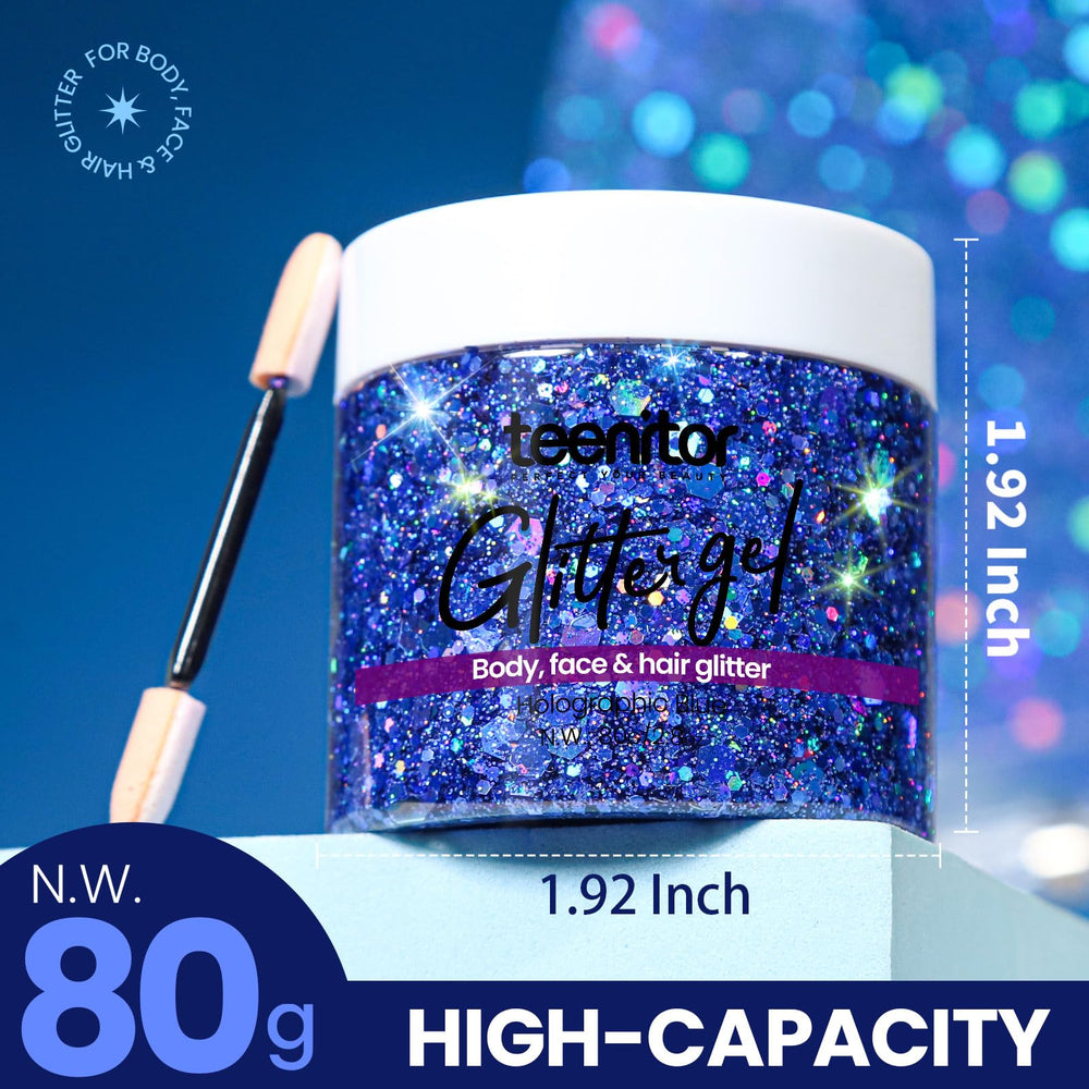 Teenitor blue glitter on face for radiant festival makeup and easy wear.