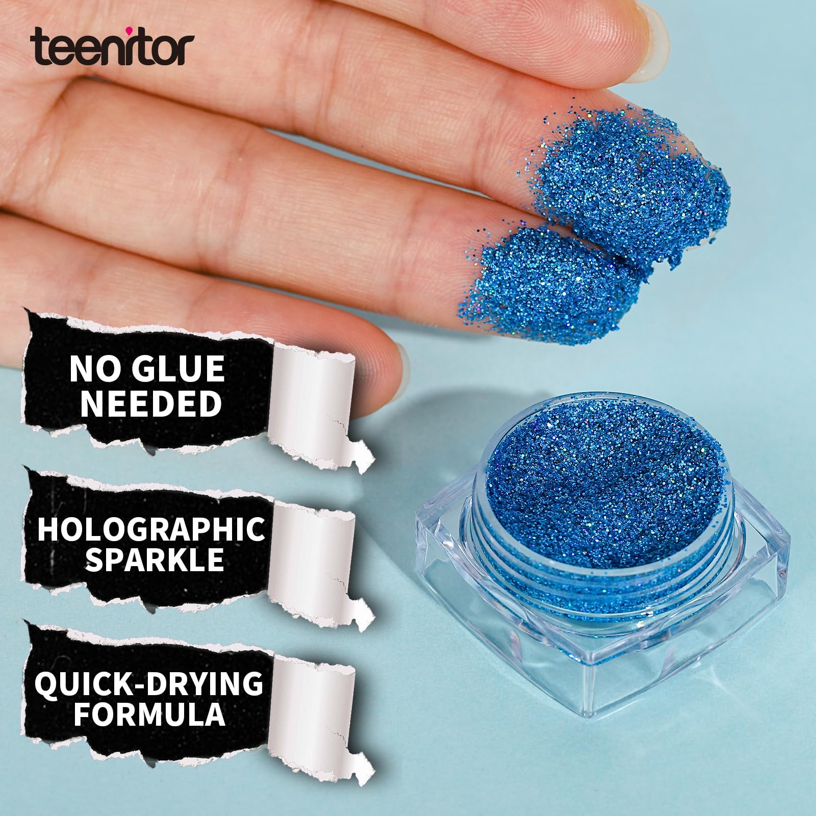 Teenitor blue glitter gel adheres smoothly for vibrant shine.