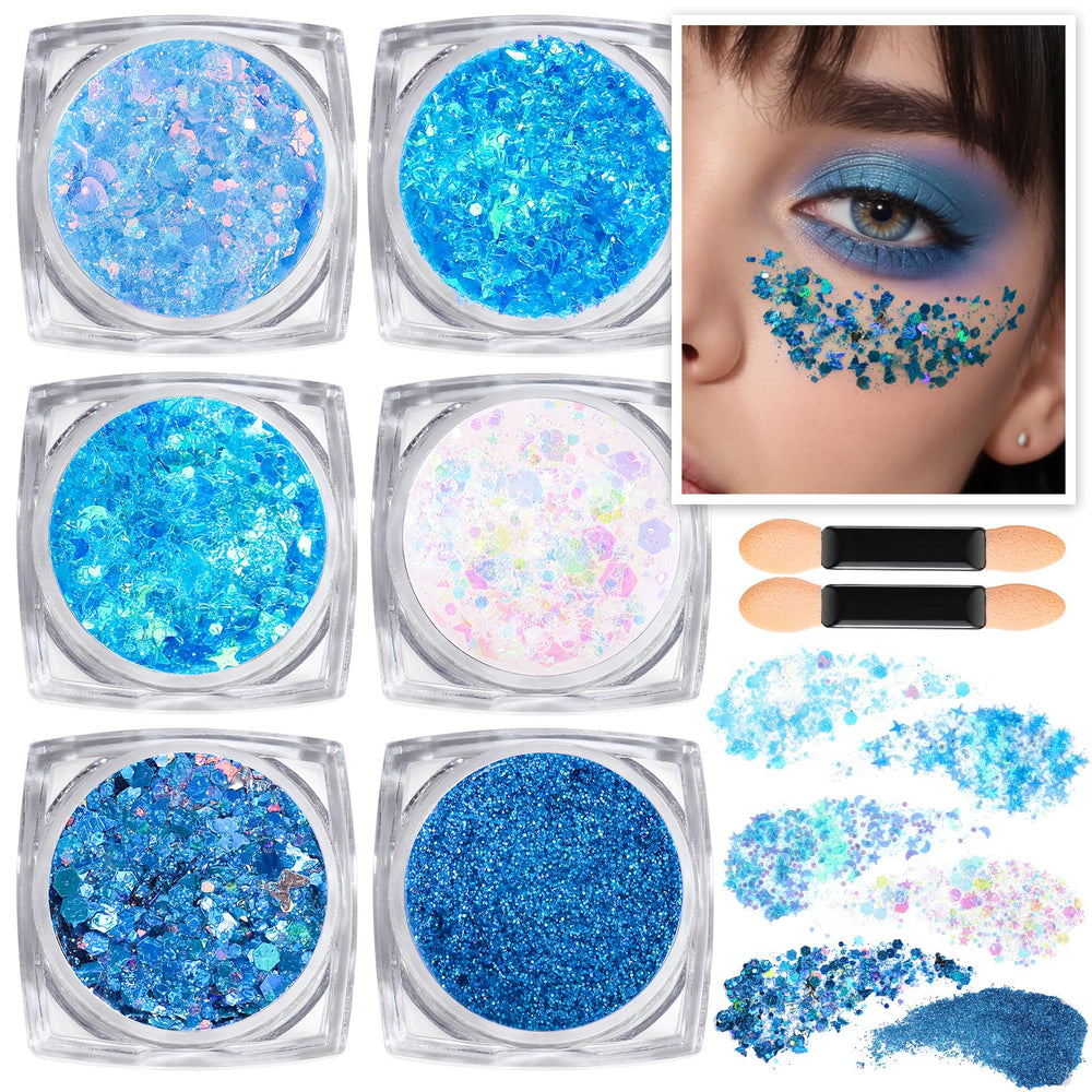 Teenitor blue glitter gel with six shapes for face, body, and hair.