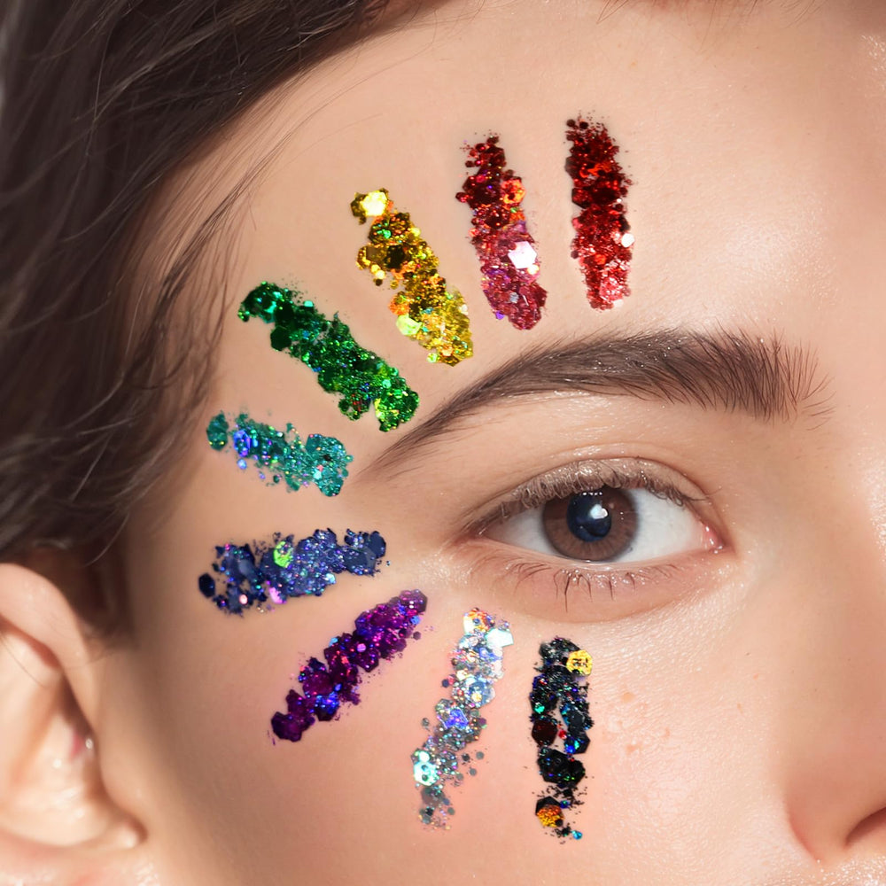 Teenitor Body Glitter Gel creates bright iridescent shine on skin without glue.