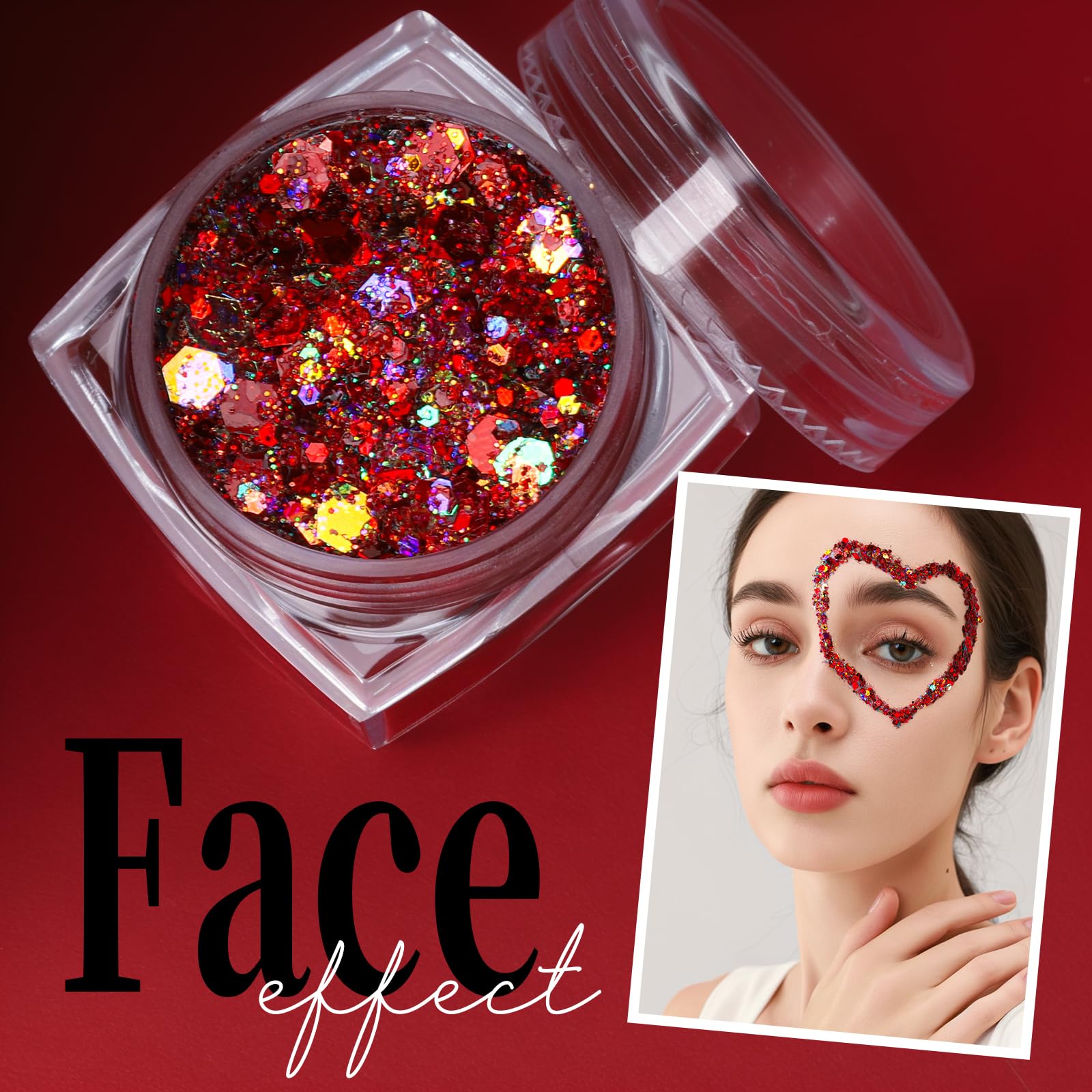 Teenitor red body glitter gel with hexagon, stars, and moon shapes.