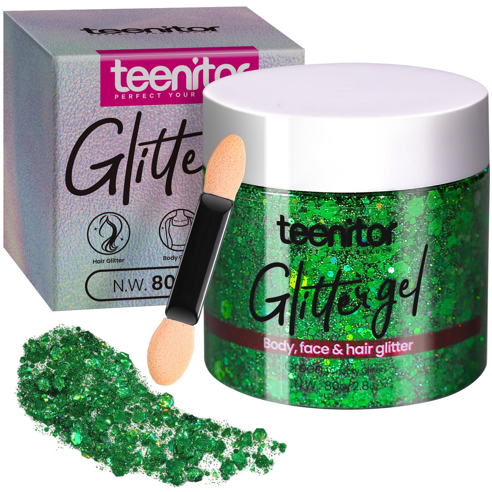 Teenitor brillo verde para cuerpo, botella de 80 g, efecto llamativo